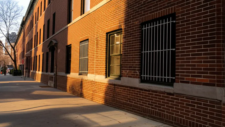 Ground-floor apartment windows on a dense urban American city street with visible steel window security bars on one unit