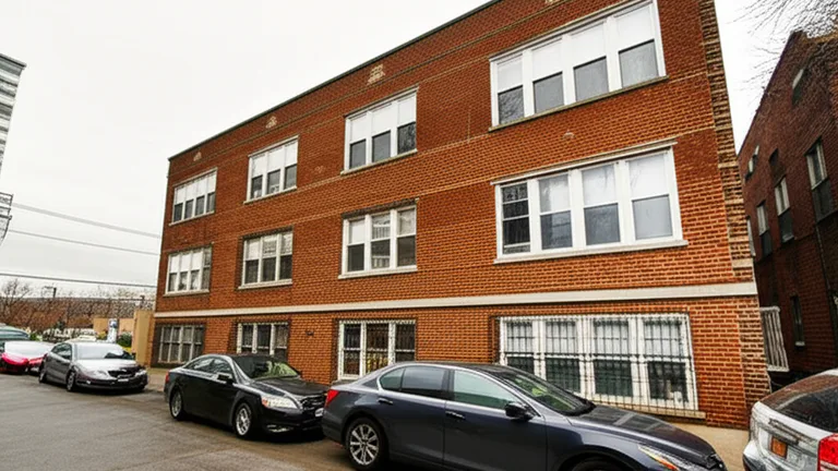 Ground-floor Chicago-style brick apartment building exterior showing windows with interior security bars installed, urban neighborhood setting
