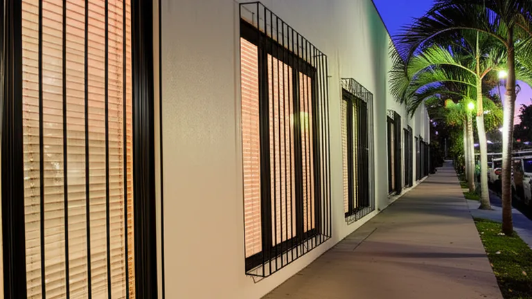 Ground-floor Los Angeles apartment building windows protected by matte black steel security bars at dusk