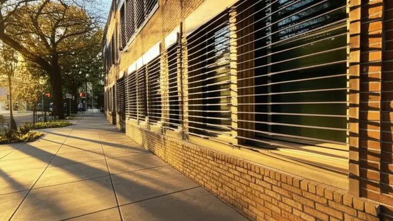 Ground-floor urban American row house with matte black steel window security bars on all windows, photographed at golden hour on a tree-lined city street
