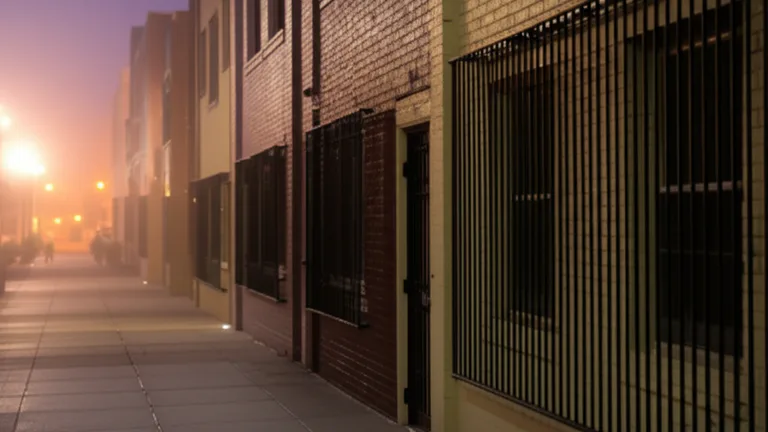 Ground-floor urban apartment building windows with steel security bars visible at dusk