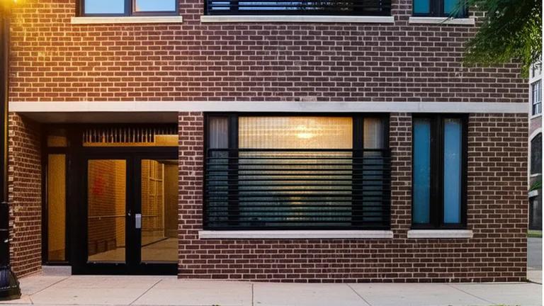 Ground-floor windows of urban Chicago brick apartment building at dusk showing installed window security bar