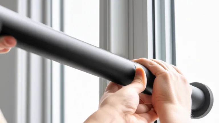 Hands installing a no-drill telescopic window security bar inside a double-hung apartment window frame