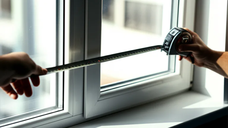 Hands measuring a window opening width with a metal tape measure inside a US apartment