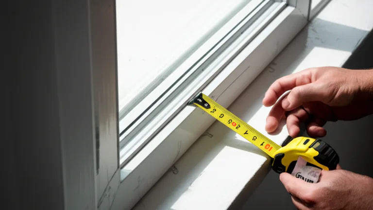 Hands measuring the inside width of a residential window frame with a tape measure before installing security bars