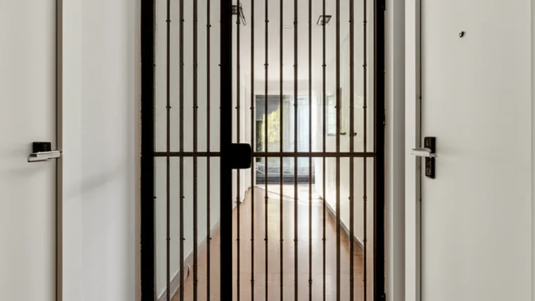 Interior view of a modern apartment hallway showing a steel security screen door installed at the front entry