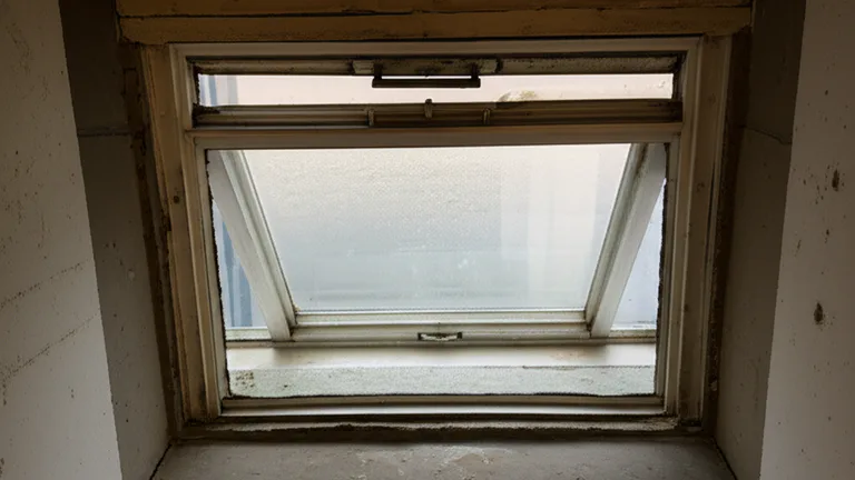 Interior view of an unprotected single-pane basement hopper window in a concrete foundation wall showing residential vulnerability