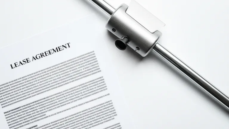Lease agreement document beside a steel telescopic window bar on white surface, conceptual renter rights and window security composition