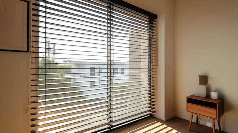 Los Angeles apartment bedroom with matte black steel window security bars casting geometric shadow patterns on wood floor
