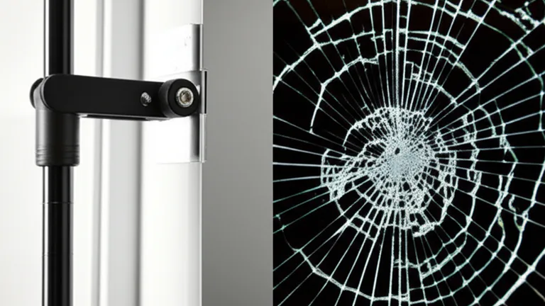 Macro comparison of a steel telescopic bar tension mechanism versus shattered glass held together by security film