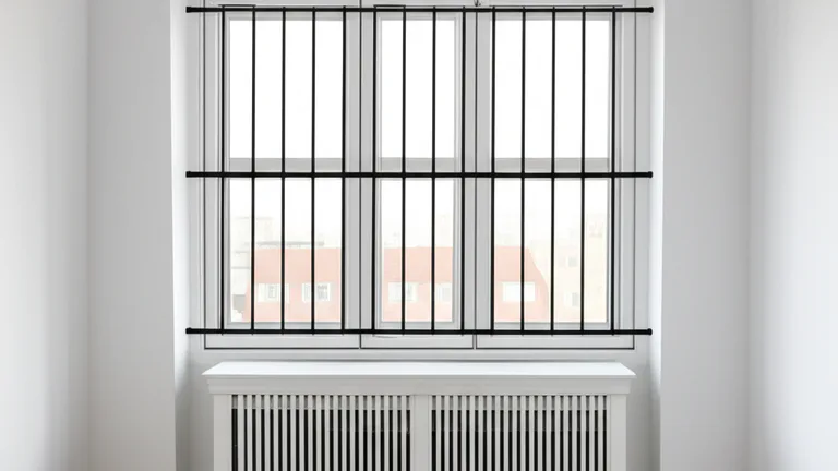 Modern apartment bedroom interior showing freshly installed matte black telescopic steel window bars on double-hung window with natural light