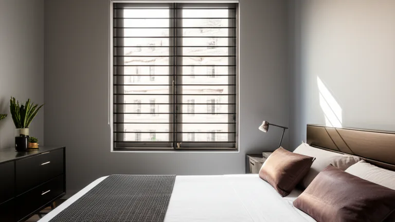 Modern apartment bedroom interior with matte black window security bars installed on a sunlit double-hung window