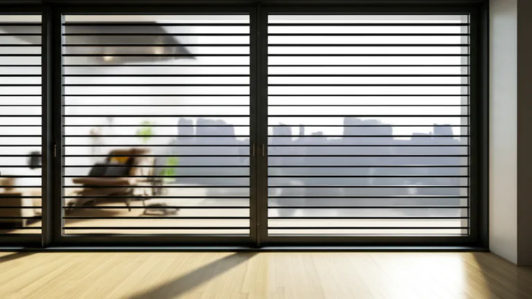 Modern apartment interior with horizontal steel security window bars casting parallel shadow lines on hardwood floor