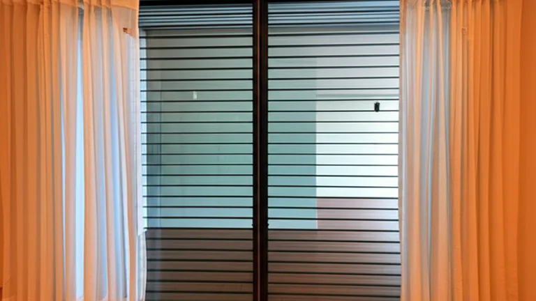 Modern bedroom window with egress-compliant matte black horizontal security bars and warm ambient lighting in American home interior