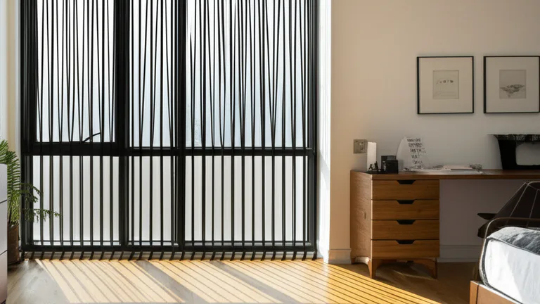 Modern Chicago apartment bedroom with matte black telescopic security window bars casting geometric shadows on hardwood floors
