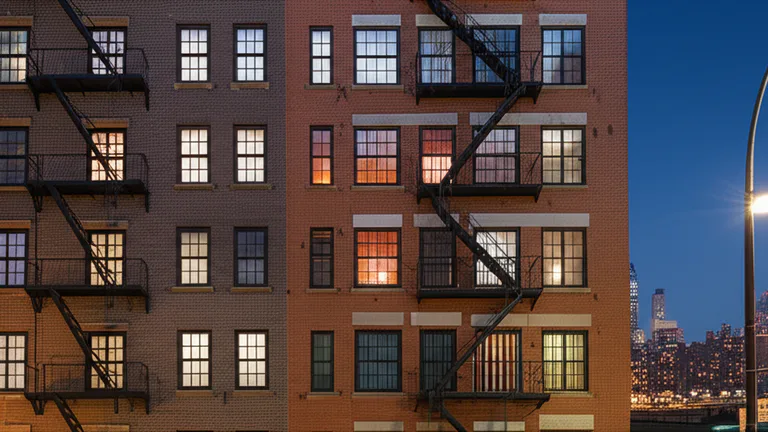 New York City apartment building exterior at dusk with steel security bars visible on ground-floor windows
