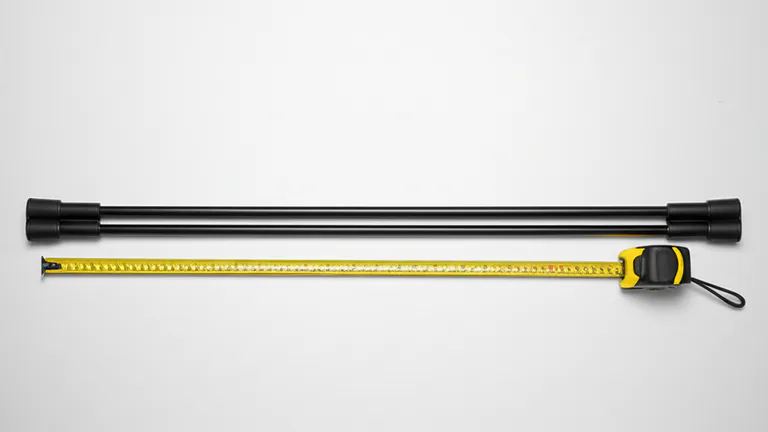 Overhead flat lay of SWB telescopic window security bar and tape measure for window measurement