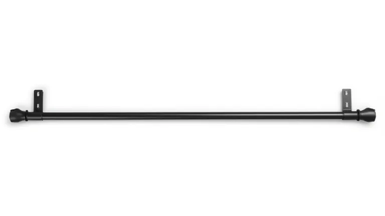Overhead flat lay product photograph of a telescopic matte black steel window security bar showing adjustable bracket mechanism
