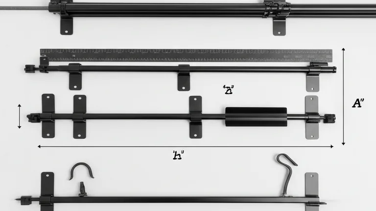 Overhead flat lay product photography of three matte black steel residential window security bar models showing telescopic adjustable and wall-mount designs on white surface