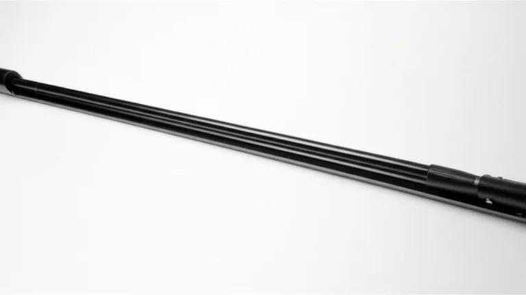 Overhead product photograph of a telescopic matte black steel window security bar on a white surface