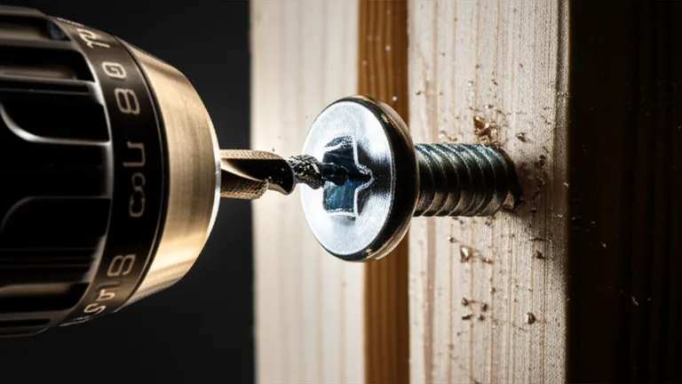 Power drill driving a lag screw into a solid wood window frame stud during interior security bar installation