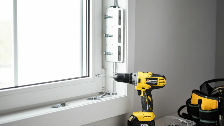 Power drill installing steel window bar wall mount bracket into apartment window frame with safety goggles nearby
