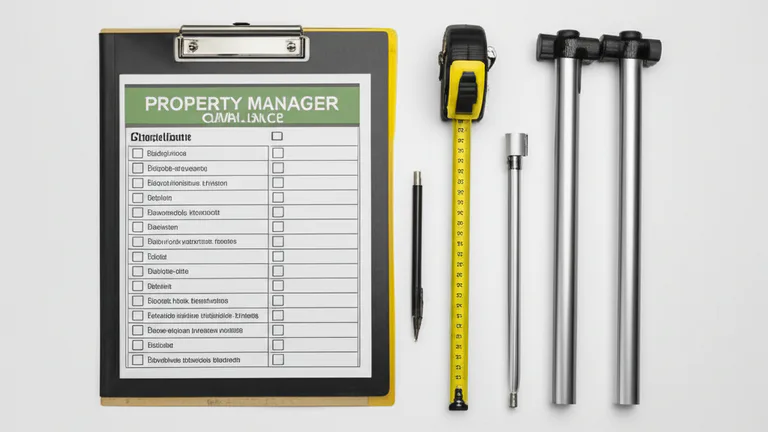 Property manager window bar compliance documentation folder with inspection checklist, measuring tape, and telescopic steel bar components on white surface