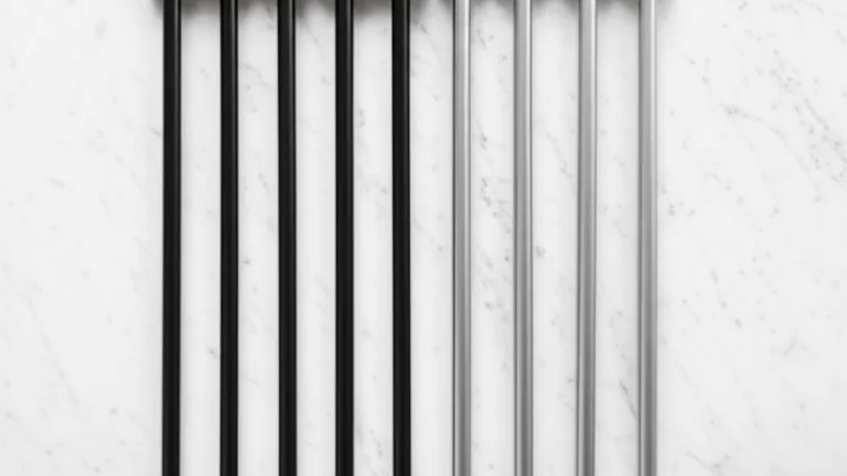 Side-by-side flat lay product shot of matte black steel and silver aluminum decorative window security bar panels