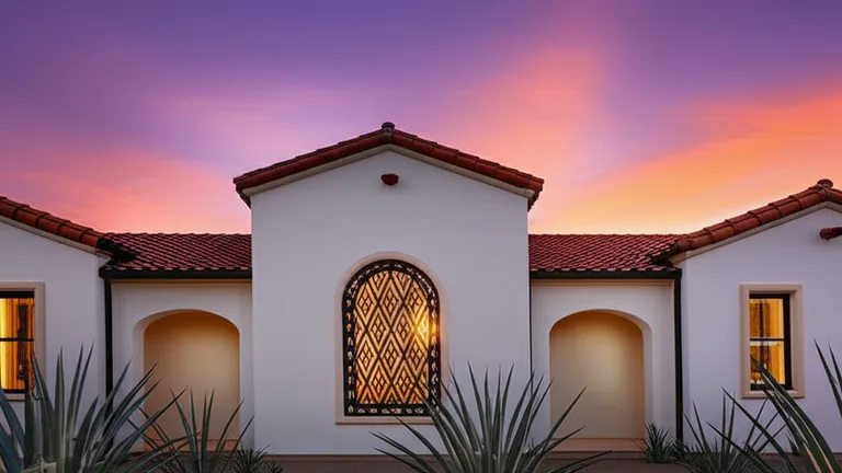 Spanish Colonial Revival home exterior at dusk with diamond-lattice steel window grate in oil-rubbed bronze finish