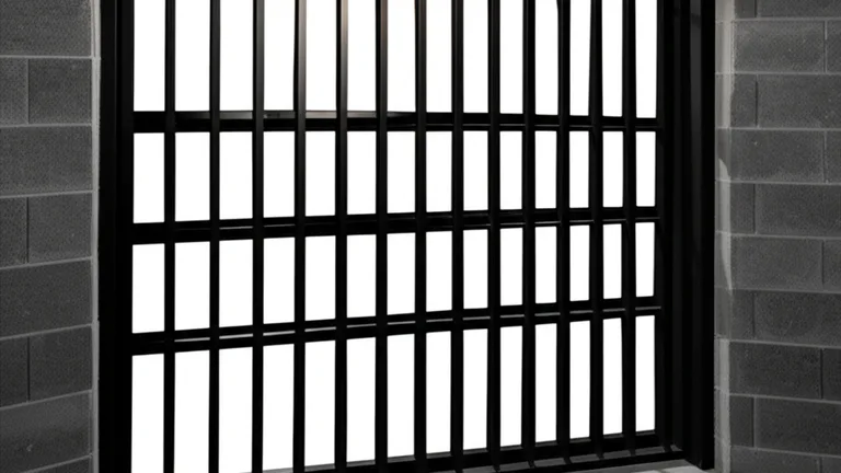 Steel window security bars installed on a basement window in an American home, casting dramatic shadow patterns on the concrete floor
