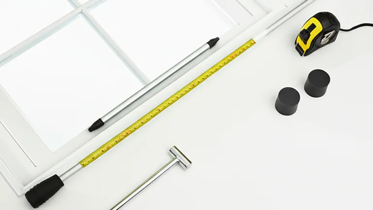 Telescopic window security bar flat lay with tape measure and installation tools on white background