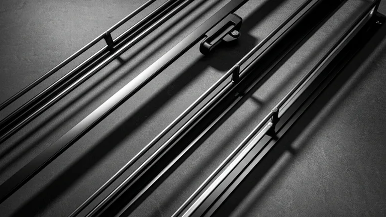 Three steel window security bar models arranged in geometric fan pattern overhead view on dark concrete surface