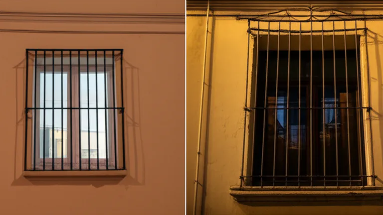 Two ground-floor apartment windows on an urban building facade showing contrast between unprotected window and steel security bar protected window at evening