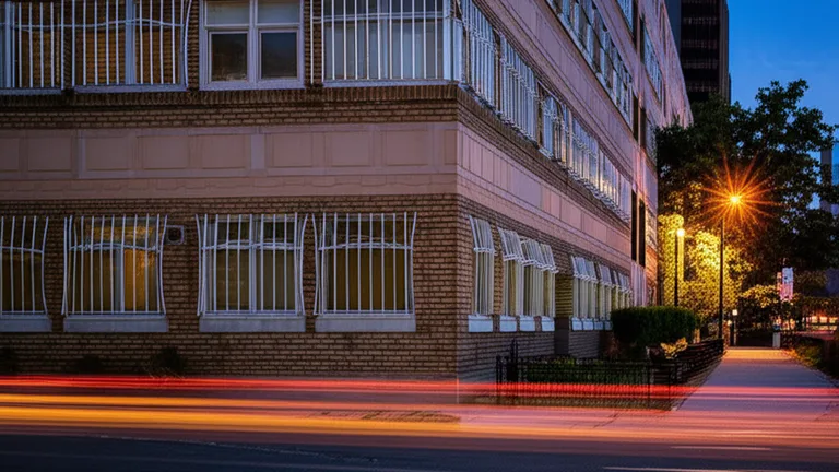 Urban apartment building exterior with decorative spear-point wrought iron window security grilles at dusk