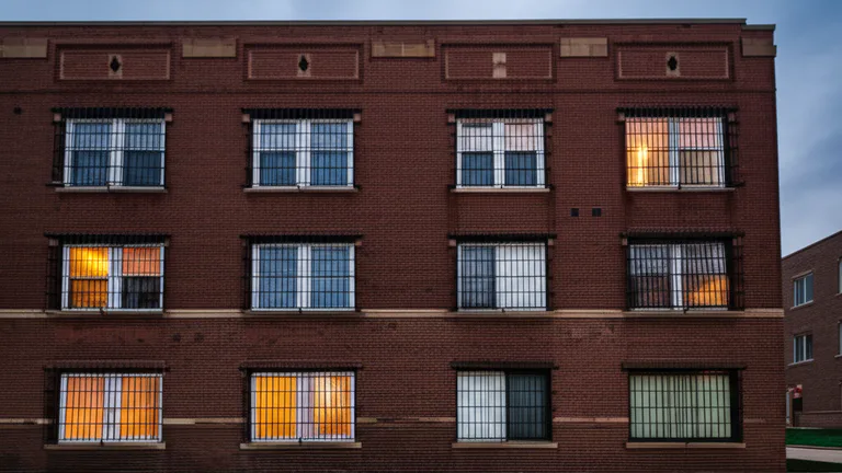 Urban Chicago apartment building exterior showing multiple windows with black steel security bars installed on lower floors