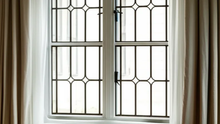 Warm bedroom interior with Georgian cross-bar steel security grille on ground-floor window
