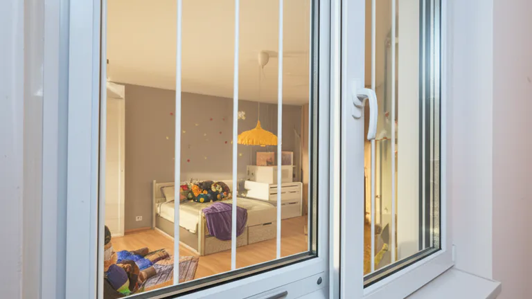 White-framed apartment window with vertical steel window guards in a child's bedroom with natural daylight