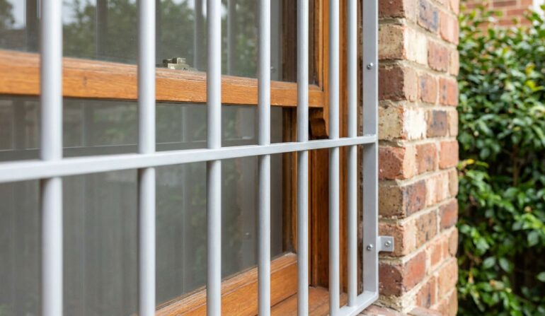 Metal security bars over a wooden-window frame on a brick wall, with greenery beside it.