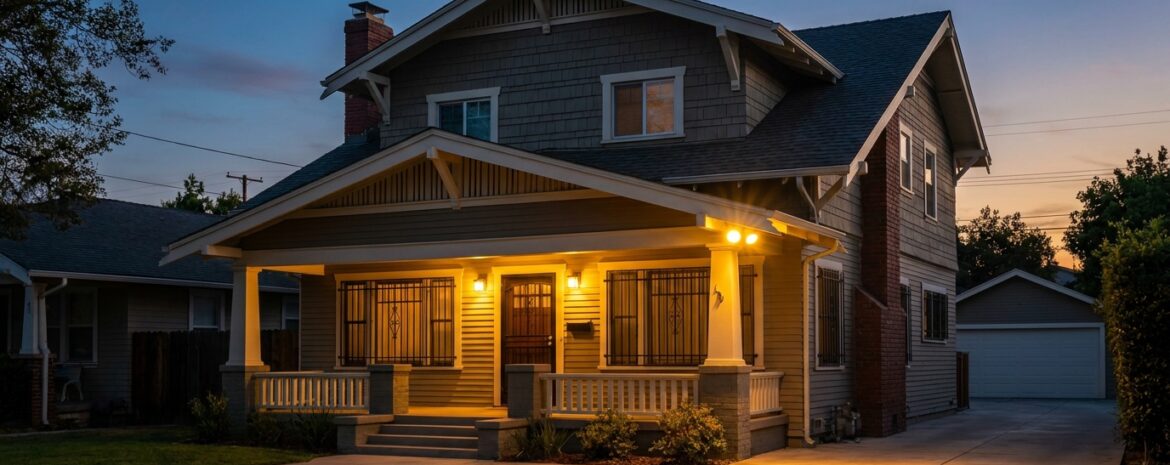 Two-story craftsman-style house at dusk with a warmly lit front porch, brick chimney, and a driveway leading to a detached garage.