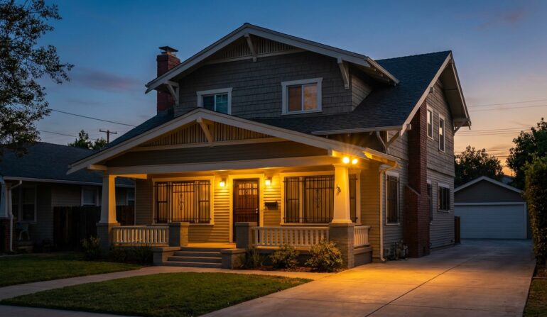 Two-story craftsman-style house at dusk with a warmly lit front porch, brick chimney, and a driveway leading to a detached garage.