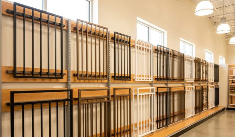 Row of vertical-bar railing samples in black, white, and natural wood finishes mounted on a showroom wall.
