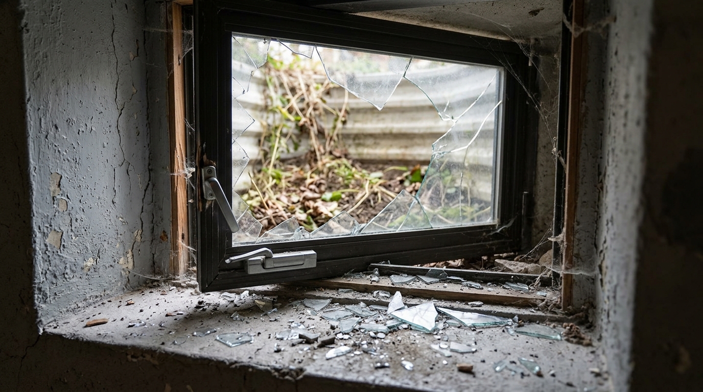 Broken basement window after entry