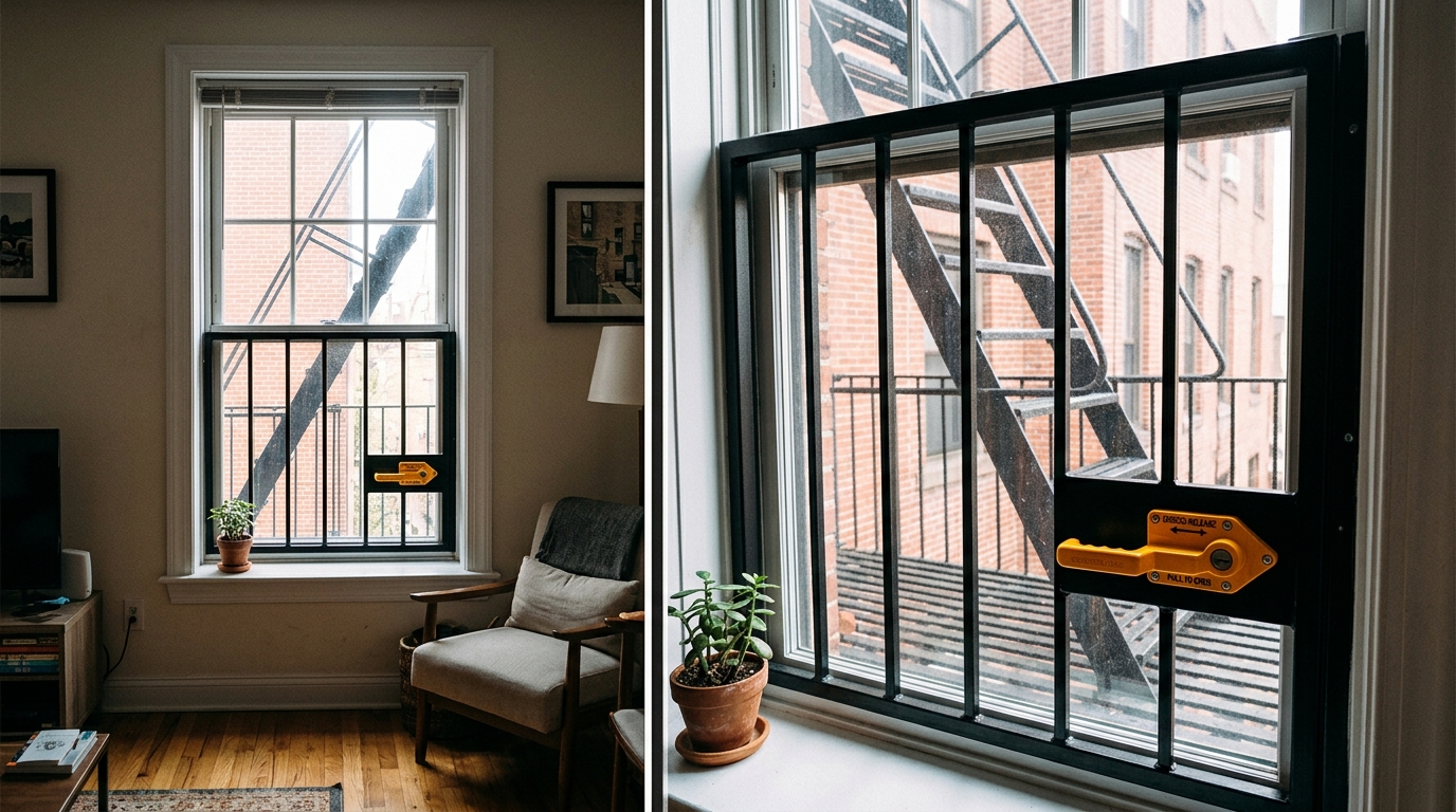 Fire escape window security bars