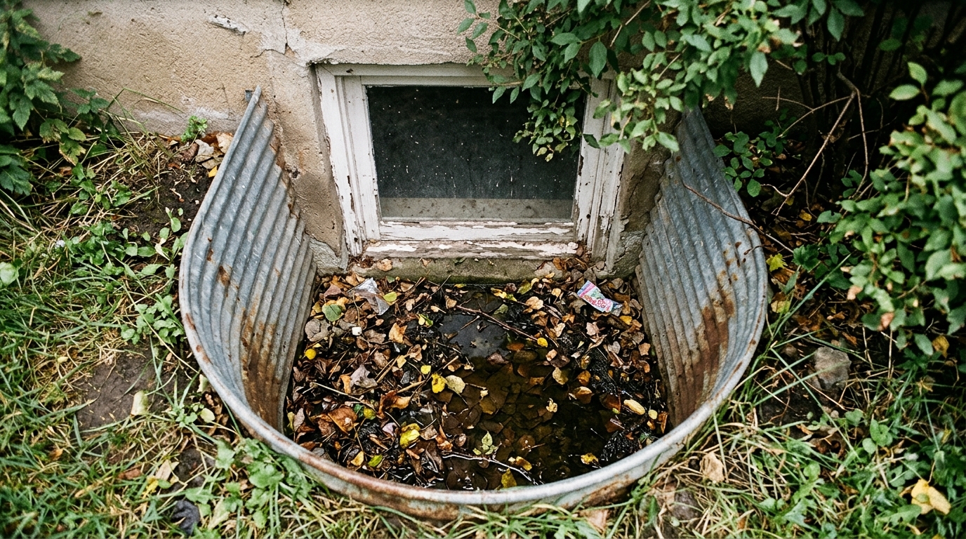 Neglected basement window well v…