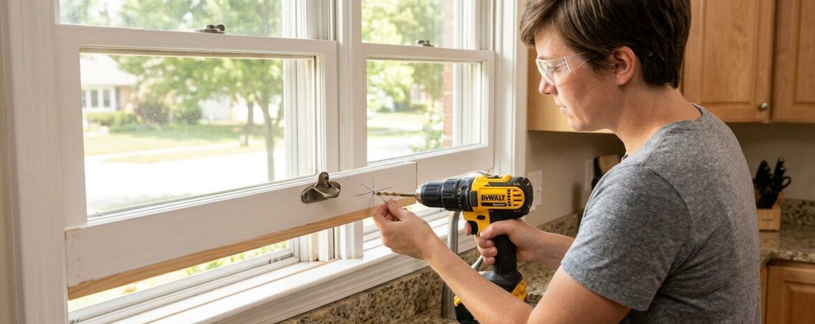 Person Drilling Window - window security bar installation