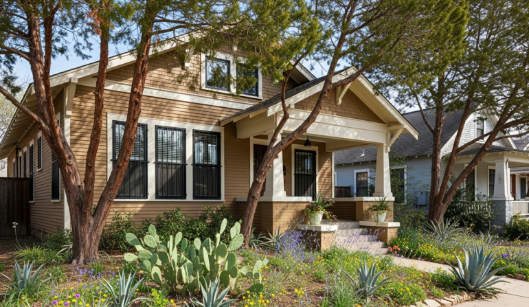 Window security bars on Austin craftsman home with cedar trees