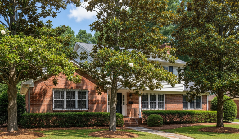 Window security bars on Charlotte NC suburban home with magnolia trees