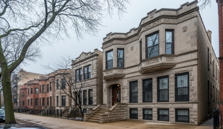 Window security bars on Chicago greystone two-flat building