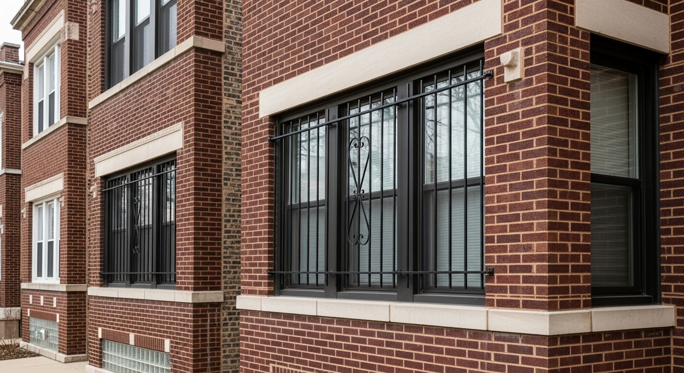 Sturdy window bars on Chicago brick bungalow