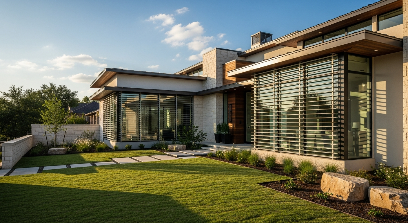 Adjustable window bars on modern Dallas home